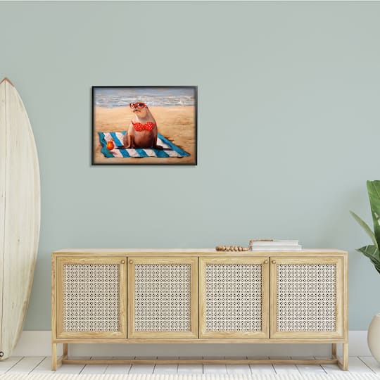 Stupell Industries Polka Dot Bikini Sea Lion Tropical Drink Beach Scene Framed Wall Art